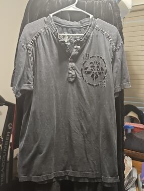 Affliction Men's Washed Charcoal Henley with Chest Graphic